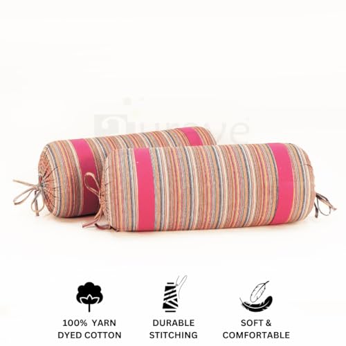 Image of AURAVE Woven Cotton 144 TC Printed Bolster Cover with Drawstring Closure, Set of 2, Soft Breathable Durable Machine Washable for Sofa Bed & Home Decor, 15 inchx30 inch, Magenta | Cover Only