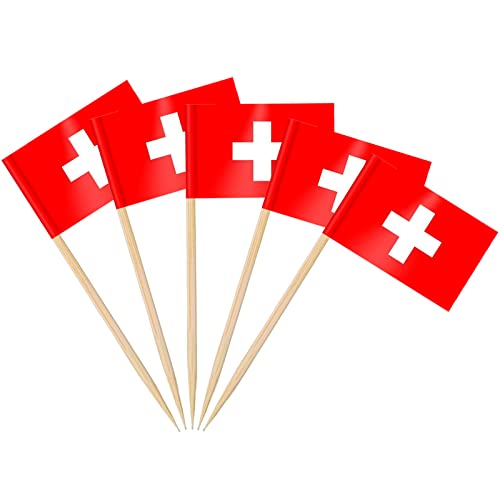 AhfuLife100/200pcs Switzerland Toothpick Flags Cake Toppers, Swiss Cocktail Stick Flag for Sandwich Food Cupcake Toppers Tableware World Cup Party Supplies Pub Royal Event Decor (100 Pcs)