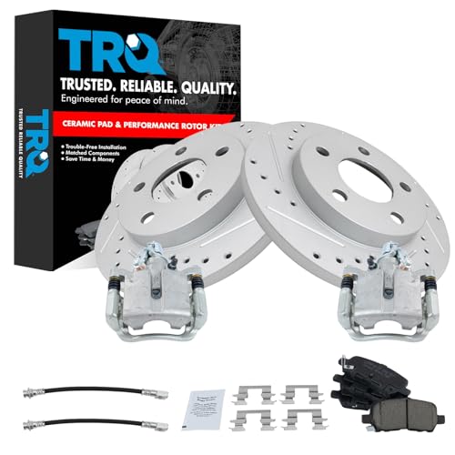 Image of TRQ Performance Rear Brake Pad and Rotor Set Ceramic Slotted Drilled Coated Rotors Calipers Compatible with 2005-2008 Pontiac Grand Prix