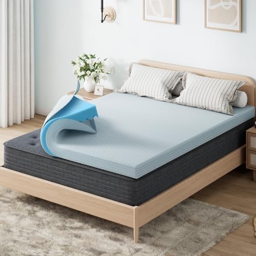 OhGeni Memory Foam Mattress Topper Queen | 2 Inch Gel Memory Foam with Cover Soft Bed Cover with Anti-Slip Base Premium Comfort for Sleep & Back Pain Relief with 1000 pcs air Holes