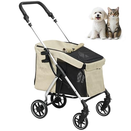 PawHut Hundewagen leicht Hundebuggy aus Aluminium klappbar für Hunde & Katzen Katzenbuggy mit Kissen Netzfenstern Türen Aufbewahrungskorb Katzenwagen Buggy für kleine Hunde Khaki