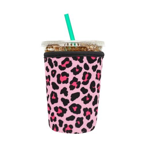 Image of Insulated Neoprene Cup Sleeve for Iced Coffee & Cold Soda - Reusable & Sweatproof, Keeps Drinks Cold Longer, Coffee Coolie for Hot & Iced Drinks (Pink Leopard Print, Small: 16-18oz)