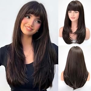 EMMOR Dark Brown Wig With Bangs For Women Long Straight Layered Wigs Synthetic Layered Hairstyle For Girls Party Cosplay And Daily Use(26″ Dark Brown)