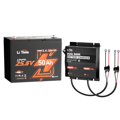 Image of LiTime 24V 50Ah Deep Cycle Lithium Battery with 29.2V&14.6V 10A Charger, Bluetooth 5.0, Low-Temp Protection, Buit in 50A BMS, Group 24, Perfect for Trolling Motors, Yacht, Marine, Boat, RV