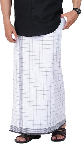 Image of PRAKASAM COTTON Velcro Pocket Dhoti | Thalapathi Border Readymade Cotton Kerala Mundu for Men
