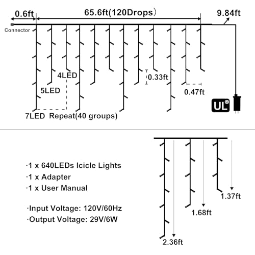 White Christmas Lights Outdoor 66ft 640 LED Icicle Lights for Outside House | Connectable LED String Lights Clear Wire 8 Modes Timer Plug in Waterproof for Holiday Eaves Yard Roof Party Xmas Decoration - image 7