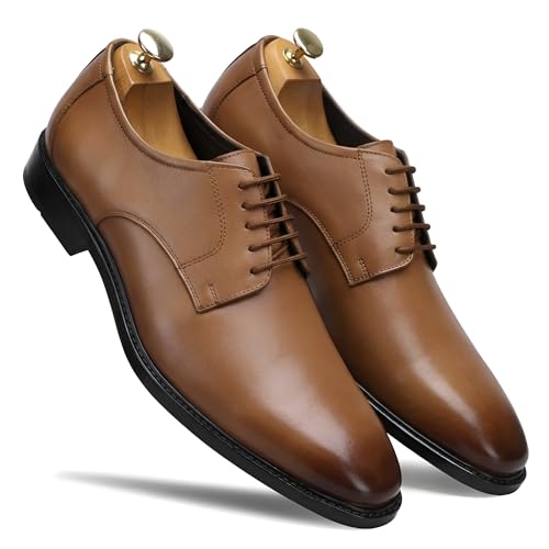 Image of Men's Genuine Leather Formal Lace-Up Shoes | Classic Plain Toe Derby Shoes | Formal Office, Business