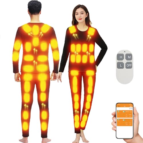 Femxizor Conjunto De Ropa Interior Térmica Eléctrica para Hombre Y Mujer, para Deportes Al Aire Libre, 48 Zonas De Calefacción, Camisa Y Pantalones, Control por Aplicación,XL,Black