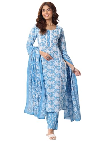 Image of Libas Printed Cotton Straight Kurta With Trouser and Dupatta