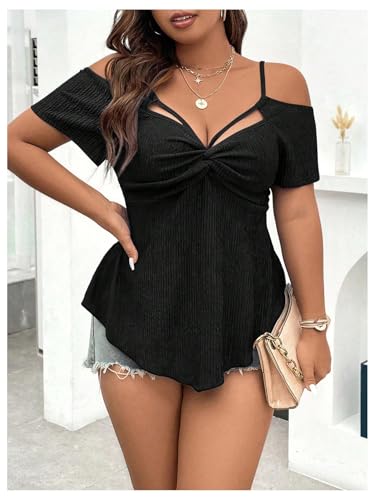 SOLY HUX Women's Plus Size T Shirt Twist Front Cold Shoulder Short Sleeve Tee Peplum Tops4