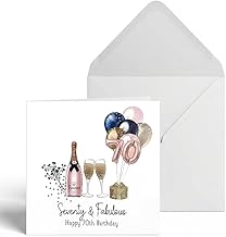 70th Birthday Card for Women Milestone Celebration for Mum Sister Friend，Seventy and Fabulous Pink Prosecco Balloons Blank Inside 70 Years Birthday Gift For Her