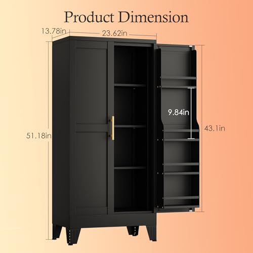 Image of White Pantry Storage Cabinet, 48 inch Kitchen Pantry with Doors and 3 Adjustable Shelves, Metal Freestanding Buffet Cupboards Sideboard, for Office, Home, Garage, School