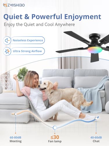 Image of ZMISHIBO 42 Inch RGB Ceiling Fan with Light, Remote&App Control,Flush Mount | Low Profile, Dimmable 20W LED Light, Quiet Reversible Motor, Strong Airflow, Easy Install for Bedroom /Living Room /Apt, Black