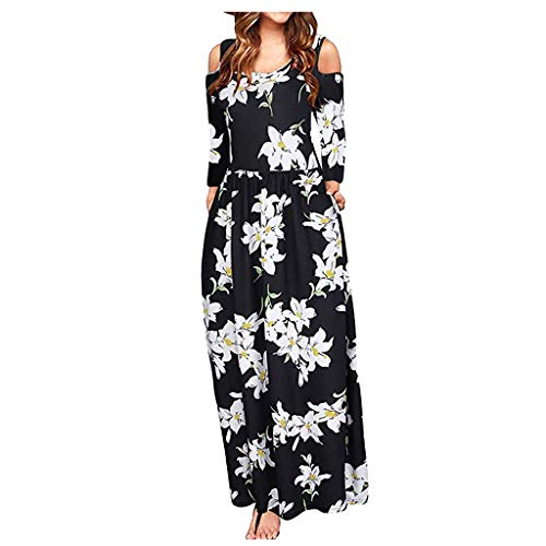 FEISI22ã¿ Women Floral Print Off Shoulder Maxi Dresses Cold Shoulder Long Sleeve Tops Evening Party Cocktail Dress Black