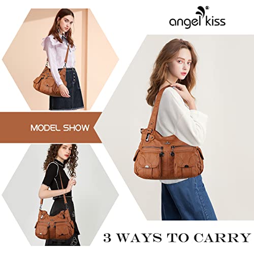 Angelkiss Women's Designer Handbag Large Double Zipper Multi Pocket Washed, Brown #TOP6