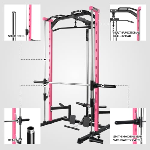 Image of RitFit Smith Machine Power Rack with LAT-Pull Down System, Landmine, Barbell Bar, Plate Storage Pegs and More Training Attachment