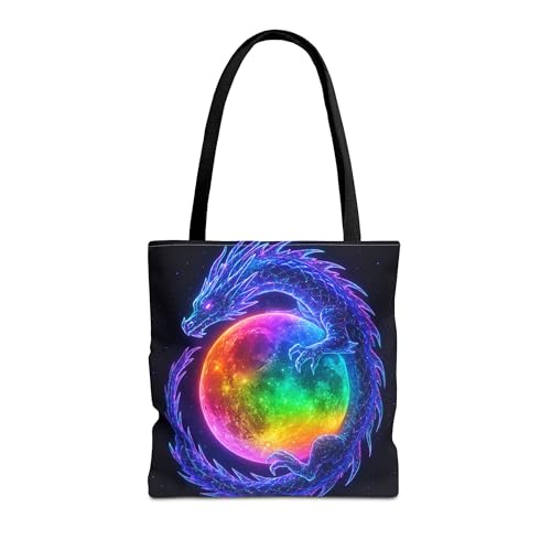 Premium Tote Bag with Reinforced Stitching - Holographic Dragon Curled Around a Rainbow Moon - Main Image