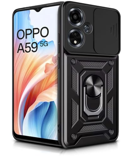 Image of WOW IMAGINE Tough Armor Bumper Mobile Back Case for Oppo A59 5G | Sliding Camera Shield Cover | Shock Proof 360 Protection | Hybrid PC + TPU | Ring Holder with Kickstand - Black