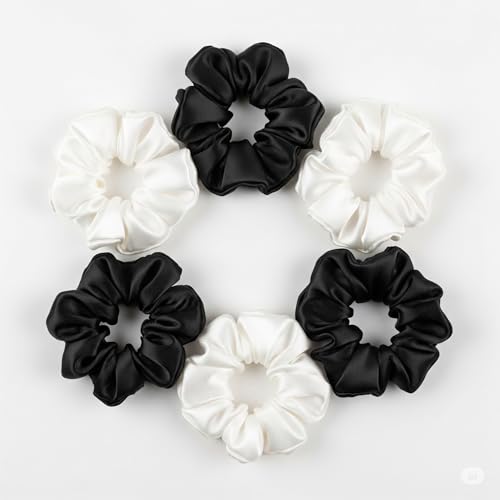 Image of Silk Satin Scrunchies (Pack of 6) - No Tug, No Damage Hair Ties for Women & Girls - Elegant & Comfortable (Black&White)