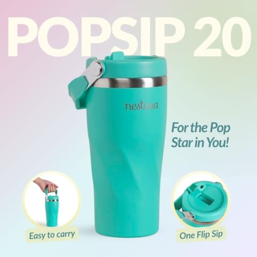 Image of Nestasia PopSip20 Stainless Steel Kids Tumbler (590 ml) - Insulated Sipper with Built-in Straw, Top Handle & Leakproof Lid | Water Bottle with Embossed Design for Adults, Travel & Gym (Aqua Splash)