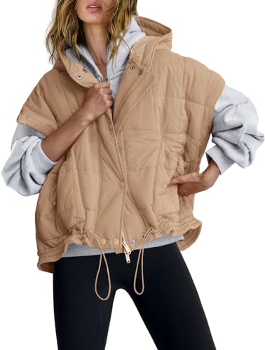 Nirovien Womens Oversized Puffer Vest Sleeveless Quilted Jackets Button Zip Up Hoodie Poncho Coats with Pockets(Coffee Brown,M)
