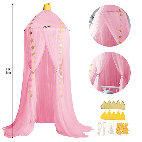 Image of Jolitac Princess Bed Canopy, Room Decor Round Lace Mosquito Net Play Tent Reading Nook Canopies Yarn Dome Netting Castle (Rose)