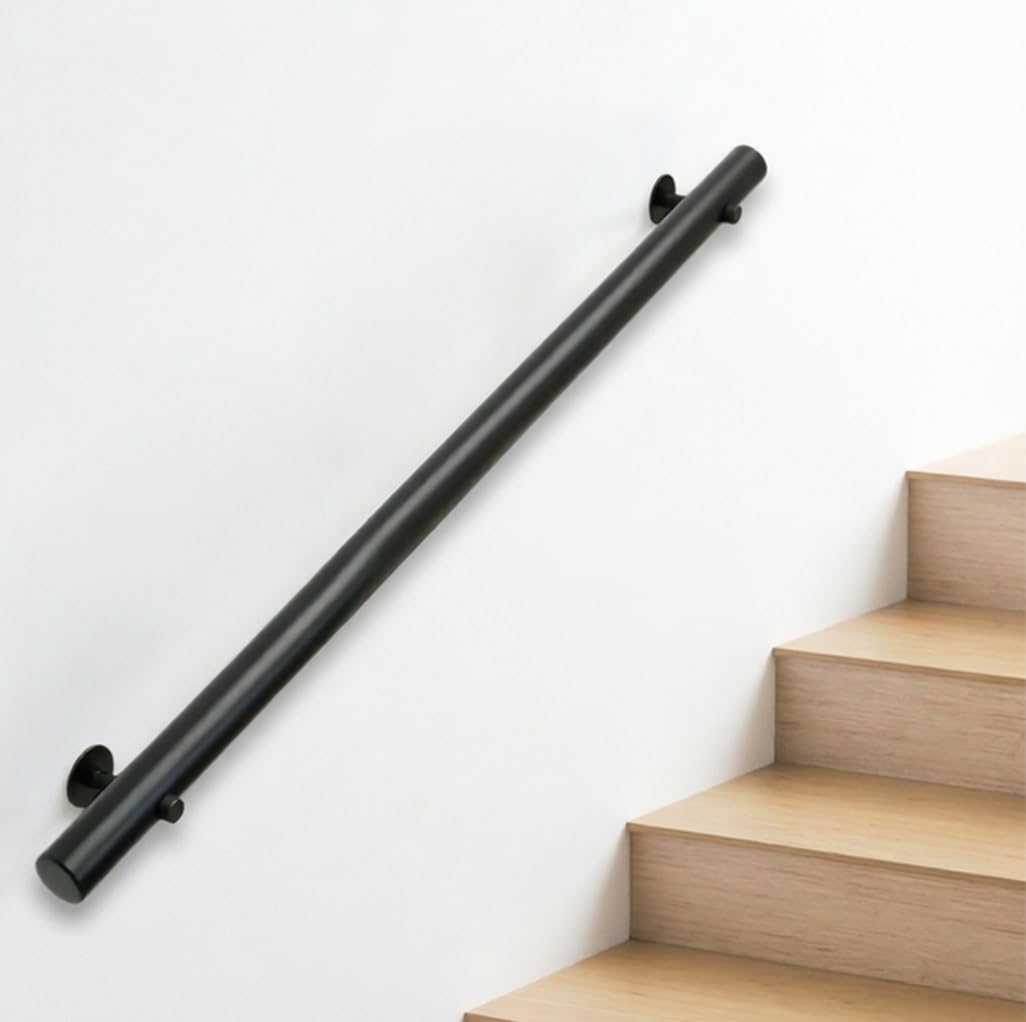 Dmchengma One Color Home Wood Banister Wall Mount Handrail, 6Ft/7Ft/8Ft/9Ft Black Round Non-Slip Safety Railing For Steps & Stairs(10Ft/300Cm)