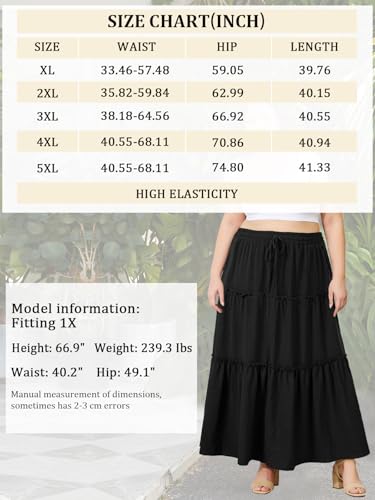 Moon Wood TIERED MAXI SKIRT-BLACK-5XL Women'S Plus Size Maxi Skirt High Waisted Pleated A Line Flowy Tiered Long Skirts thumb #5