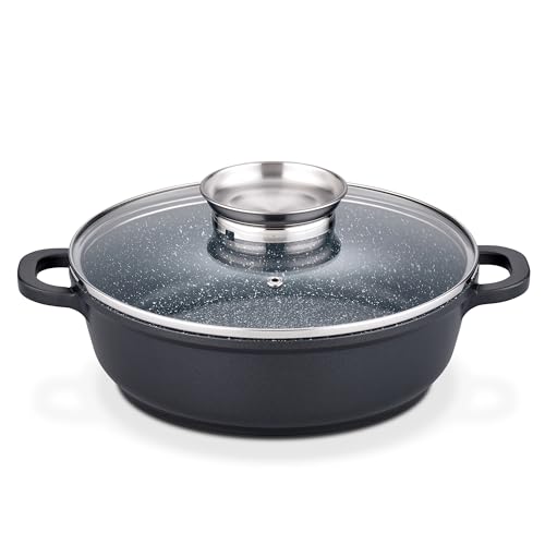 GSW Gourmet Servierpfanne aus Granit mit Aroma Glasdeckel, Pfanne Induktion mit kratzfester Antihaftbeschichtung, Bräter mit Deckel, Bratpfanne 24 cm, Schwarz GSW Gourmet Servierpfanne aus Granit mit Aroma Glasdeckel, Pfanne Induktion mit kratzfester Antihaftbeschichtung, Bräter mit Deckel, Bratpfanne 24 cm, Schwarz