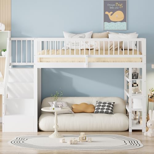 Crlnaup Cama alta 90 x 200 cm, diseño de seguridad con armario, estantes y espacio de almacenamiento con escalera de seguridad, cama multifunción, cama de madera maciza, color blanco