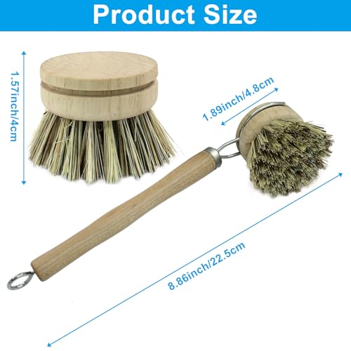 Image of 8Pcs Wooden Dish Brush Set, Coconut Brown | 8Pcs Bamboo Scrub Brush Replacement Heads, 1 Handle, For Kitchen Pots and Pans Cleaning Supplies