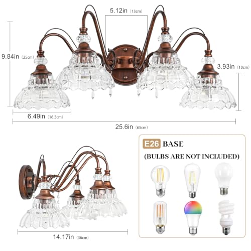 Image of Vintage Bathroom Vanity Light, 4-Light Antique Red Bronze Finish Wall Sconce with Hanging Crystal Accents and Flower-Shaped Clear Glass Shades, Retro Wall Mount Vanity Light Over Mirror for Bathroom