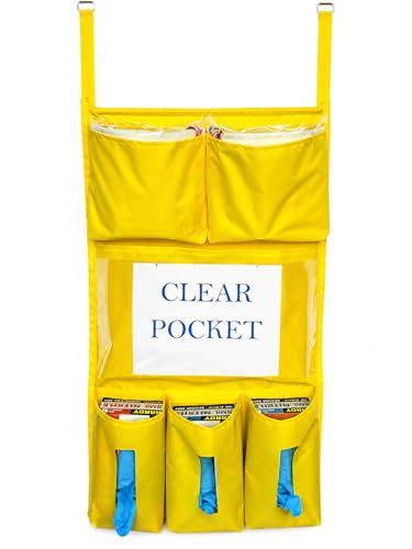 Image of It's Sew EZ Personal Protection Equipment (PPE) Isolation Door Caddy - 6 Pockets - NFPA-701 Fire Retardant Nylon Oxford with Two Stainless Steel Hooks included (Yellow, 6 pockets)