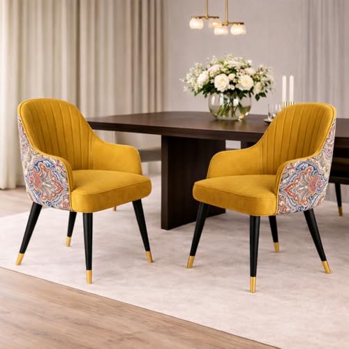 Image of Velvet Accent Chair | Modern Upholstered Dining Chair for Living Room, Office, Lounge & Vanity | Sturdy & Stylish Armchair (Floral, Mustard)