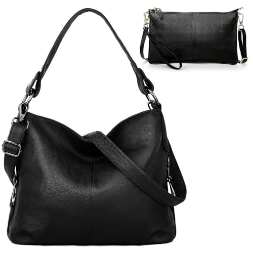 YALUXE Bundle Women's Real Leather Handbags and Wristlet Purses Black 6