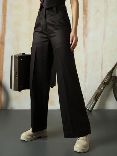 Image of High Star Women High Rise Solid Regular Length Wide Leg Casual Trousers