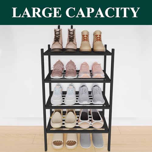 Image of Smiry Bamboo Shoe Rack, 5 Horizontal Slats, 4 Tier - 17.3 inch Wide, Black