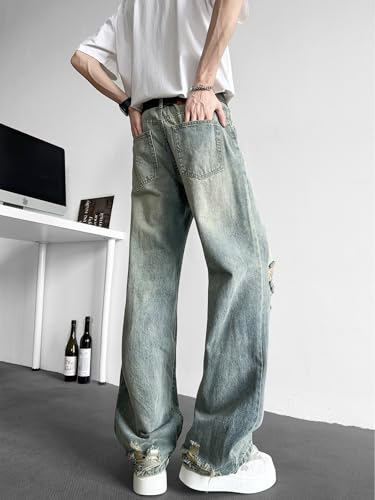 Ripped Jeans for Men Mid-Rise Loose Wide-Leg Casual Straight Raw-Edge Design Denim Trousers with Pockets3