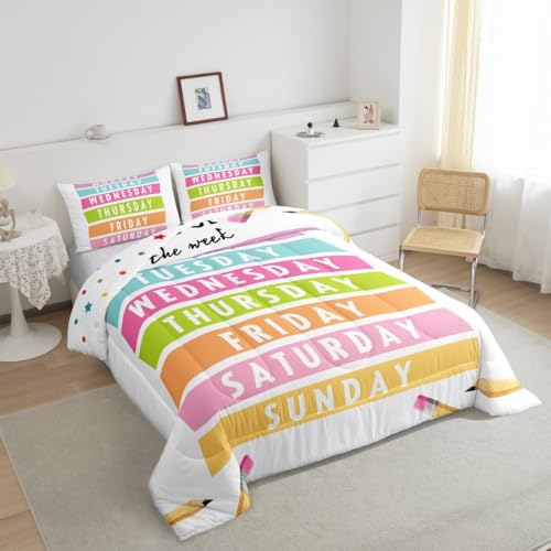 Image of Feelyou Kids Learning Comforter Set King Size, Days of The Week Bedding Set Educational Duvet Insert Boys Girls Preschool Teens Bedroom Decor 3Pcs