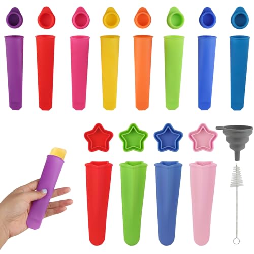 12 PCS Ice Lolly Moulds Silicone, Colourful Popsicle Mould with Lids, Ice Pop Moulds with Cleaning Brush and Folding Funnel, Reusable Ice Cream Moulds for Chocolate, Ice Pops