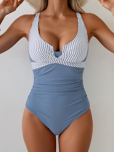 Image of B2prity Women's Underwire One Piece Swimsuit Tummy Control Ruched Bathing Suit Criss Cross V Neck Swimwear