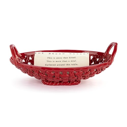 DEMDACO Gather 'Round Holiday Rosy Red 16 x 11 x 6 Inch Earthenware, 100% cotton Decorative Woven Look, Christmas Serving Entertaining Dish, Oval, Bread Basket With Towel 2 Piece Set