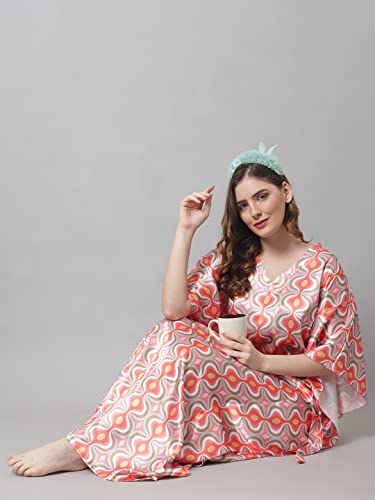 Claura Orange Digital Print Silk Satin Women Kaftan Nightdress/Kaftan Nighty for Women - Image 5