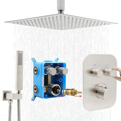 Backnets Thermostatic Shower System 16 Inch Ceiling Mount Brushed Nickel Shower System Bathroom Luxury Rain Mixer Shower Set with Handheld (All Functions Can Run Simultaneously)