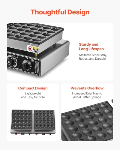 Image of VEVOR 50PCS Mini Dutch Pancake Maker, Non-stick Stainless Steel Dorayaki Baker, 1800W Commercial Electric Poffertjes Grill Pan, Dual Temp & Time Control, for Kitchen Restaurant Breakfast Dessert