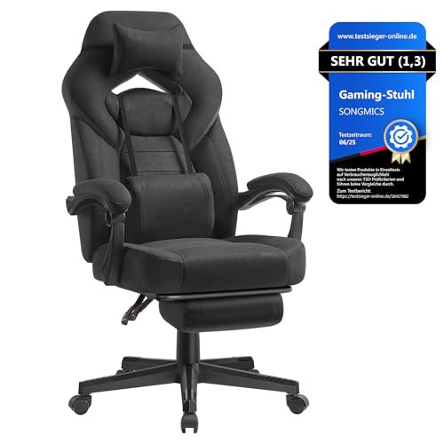 SONGMICS Gaming-Stuhl, Bürostuhl, Computerstuhl, ergonomisches Design, mit Fußstütze, verstellbares Kopfkissen, Lendenkissen, Tragkraft 150 kg, tintenschwarz OBG077BH21