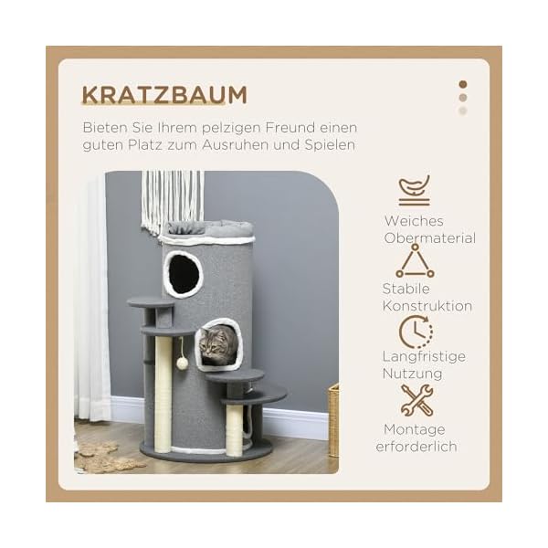PawHut Katzen Kratztonne 99 cm Spieltonne Kratzbaum Katzenbaum mit Katzenbett, Spielball, Plattformen, Katzenkratzbaum mit 3 Türen, Katzenmöbel, Grau – Bild 4
