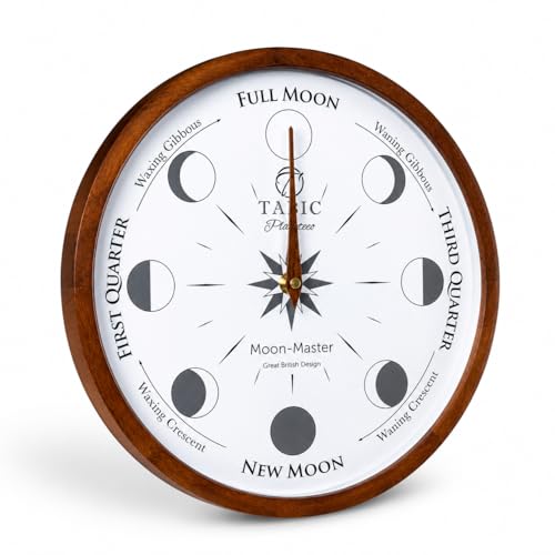 Tabic Planeteco Moon Master - Precision Lunar Phase Wall Clock - Accurate Moon Tracking & Easy-to-Read Dial for Lunar Cycle - Stylish Round Moon Phase Clock - Celestial Home Decor - Dark Stain
