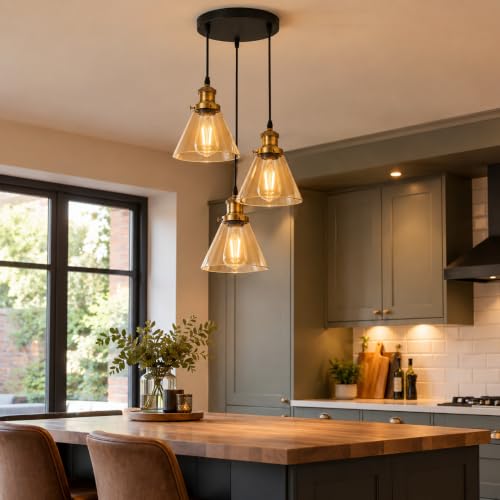 Image of LEDSone 3 Light Pendant Ceiling Light Amber Cone Glass Cluster Pendant with E27 Lamp Holders, Black & Antique Brass Hanging Light for Kitchen Island, Dining Room & Hallway