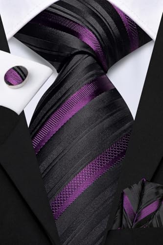 Image of Hi-Tie Men Silk Ties Set with Flower Lapel Pin Necktie Pocket Square Cufflinks for Tuxedo Wedding Business
